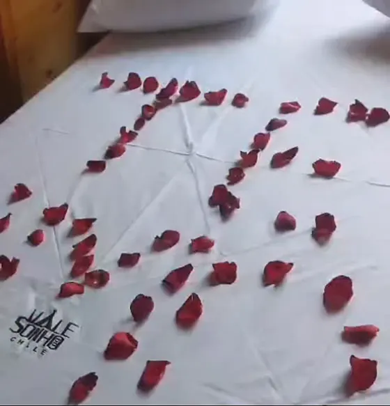 Pétalas de rosa sobre a cama, com o logo do chalé no lençol